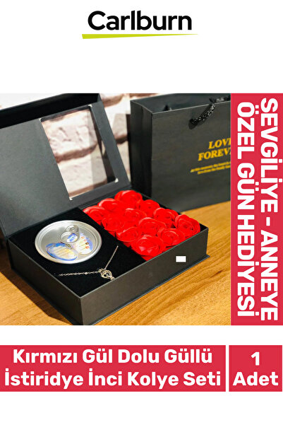 Carlburn Özel Gün Hediye Sevgiliye Anneye Arkadaşa Kırmızı Gül Dolu Kutulu İstiridye İnci Kolye Seti
