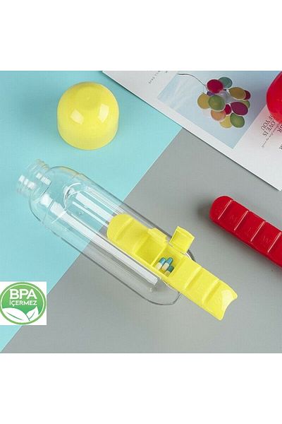 NaturalTakviyem زجاجة مياه سعة 600 مل خالية من مادة BPA وصندوق دواء أسبوعي قابل للتركيب وسهل الاستخدام