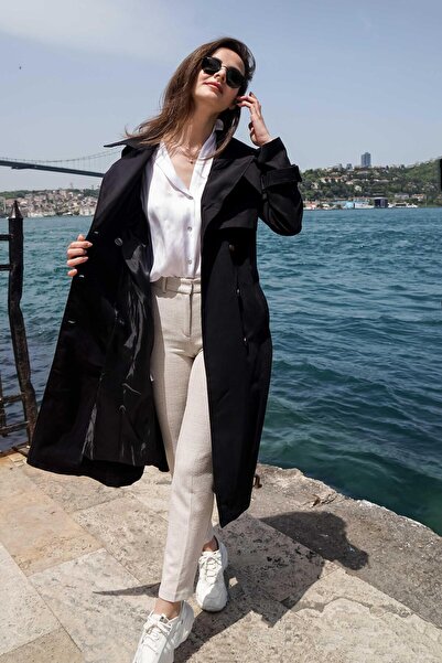 PASTELASTORE Soft Siyah %100 Pamuk Gabardin Uzun (110CM) Astarlı Kemerli Kadın Trençkot 1111