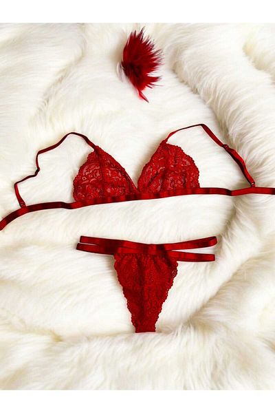 Mark Bells Red Bra Set with Lace Embroidery