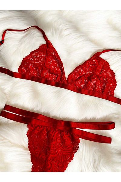 Mark Bells Red Bra Set with Lace Embroidery