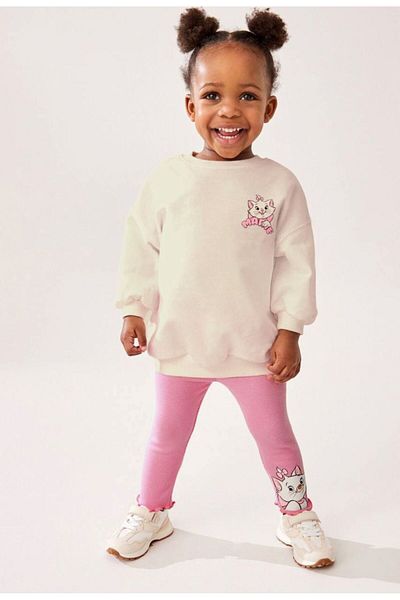 Lolliboomkids New Season Cat Printed Back Detailed Ecru Color Sweatshirt - Ribbed Leggings Bottom Top Set