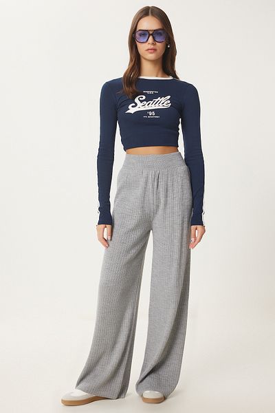 Lovelyİstanbul Light Gray Ribbed Knitwear Trousers - Lki̇0012