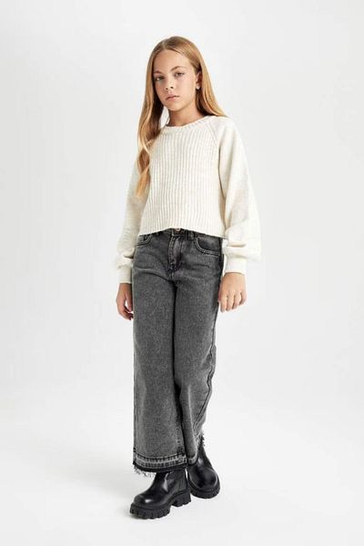 DeFacto Pulover pentru fete, ecru, cu croiala standard, cu decolteu triplu, tricotat cu model 3162332