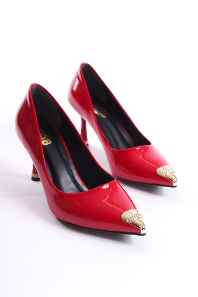 BOBx Altın Topuklu Stiletto Kırmızı Rugan Stiletto Abiye Topuklu Ayakkabı Nişan Ayakkabısı