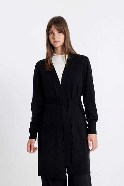 DeFacto Regular Fit Basic Plain Belted Long Knitwear Black Cardigan Z9026Az24Wn
