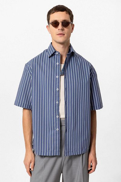 Antioch Indigo Oversize Short Sleeve Striped Men's Shirt