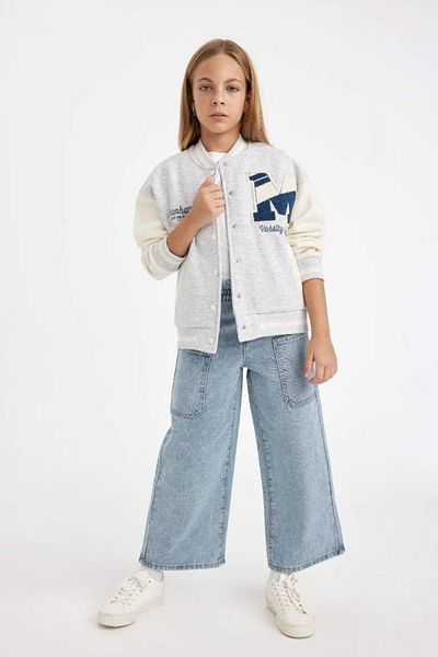 DeFacto Girls' Printed College Collar Snap Closure Pocket Seasonal Lightweight Soft Furry Bomber Cardigan