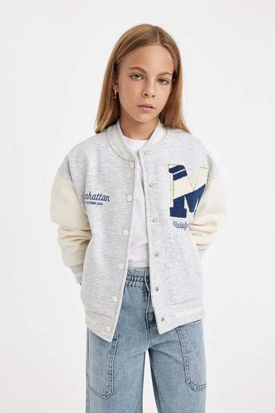DeFacto Girls' Printed College Collar Snap Closure Pocket Seasonal Lightweight Soft Furry Bomber Cardigan