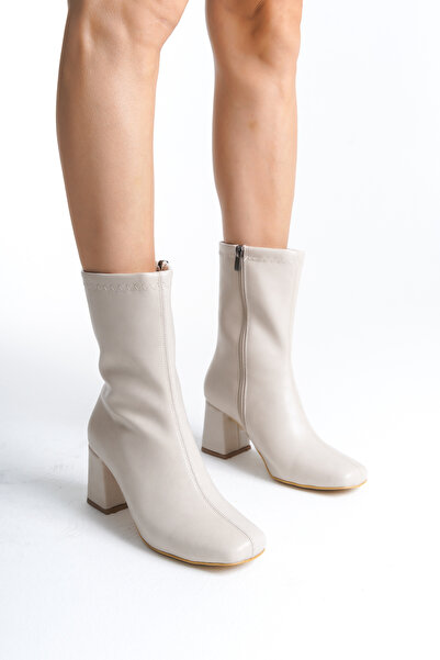 TOGET Ten Kadın Küt Burun Topuklu Bot Orta Bot Yandan Fermuarlı