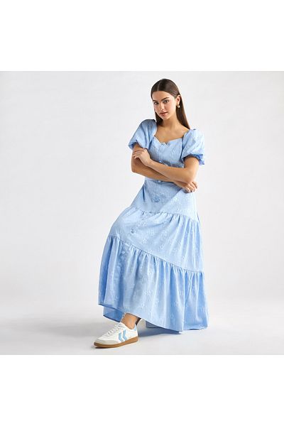 FAV Floral Textured Tiered Maxi Dress with Short Puff Sleeves and Square Neck