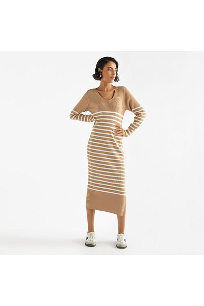 FAV Striped V-neck Dress with Long Sleeves