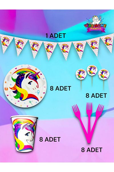 VibeHome 8 Person Unicorn Themed Eco Set - Birthday Party and Fun Events