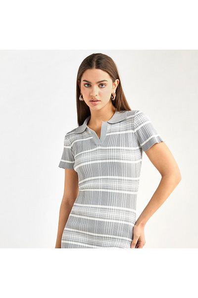 FAV Striped Collared Bodycon Dress with Short Sleeves