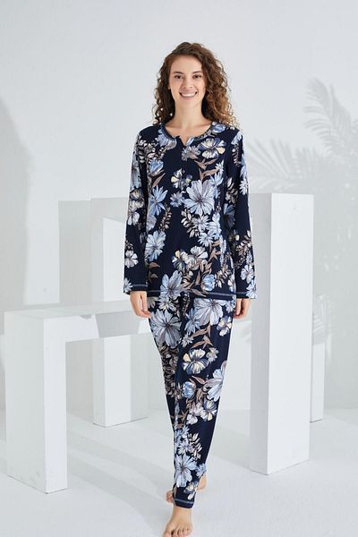 Etoile Σετ γυναικείες πιτζάμες Navy Blue Floral Βαμβακερές - Μακρυμάνικο
