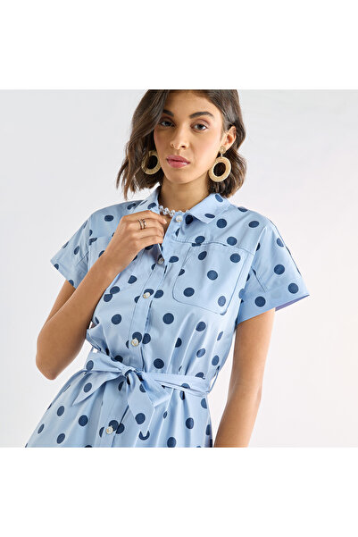 FAV Polka Dot Print Shirt Dress with Pockets and Tie-Up Detail