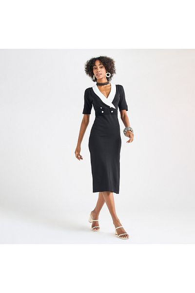 FAV Solid Lapel Dress with Short Sleeves and Button Detail