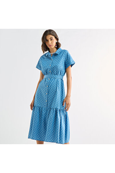 FAV Polka Dot Print Shirt Dress with Pockets and Tie-Up Detail