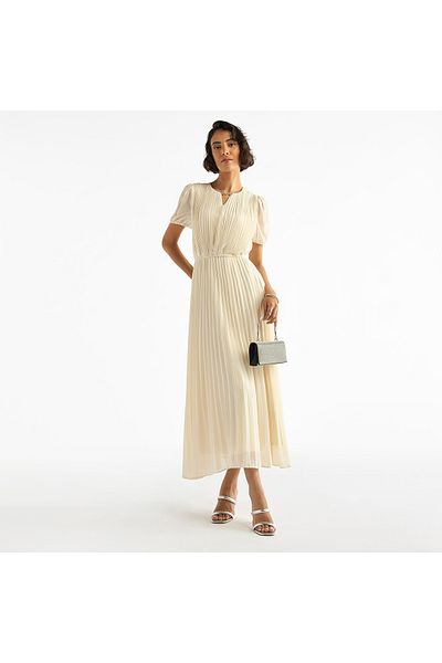 FAV Pleated Keyhole Neck Dress with Puff Sleeves
