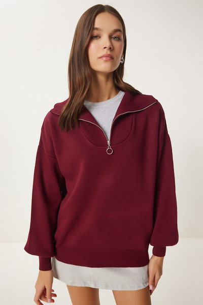 Lovelyİstanbul Πλεκτό πουλόβερ με φερμουάρ CLARET RED LPF0006