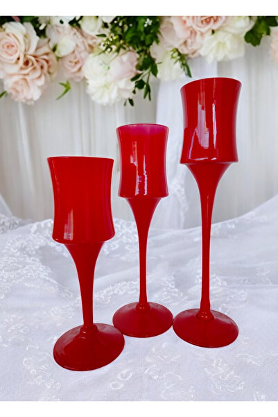 YLC HOME DEKOR ÜÇLÜ SET KIRMIZI CAM MUMLUK