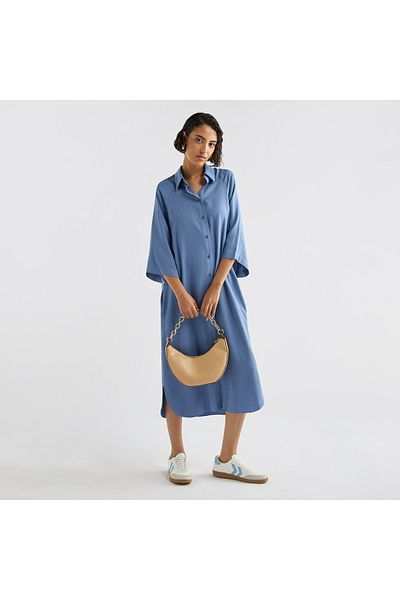 FAV Solid Button Down Shirt Dress with 3/4 Sleeves