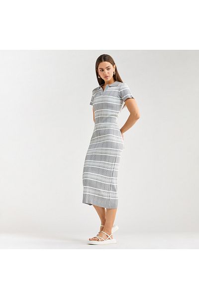 FAV Striped Collared Bodycon Dress with Short Sleeves