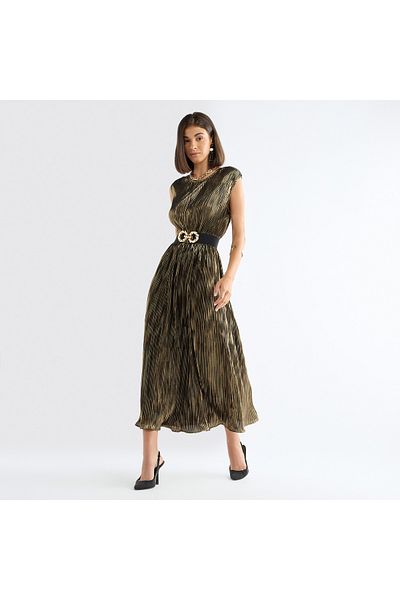 FAV All-Over Pleated Sleeveless Dress with Round Neck