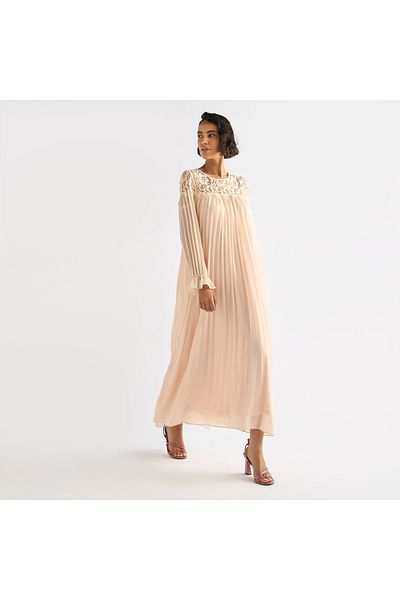 FAV Pleated Lace Detail Maxi Dress with Long Sleeves