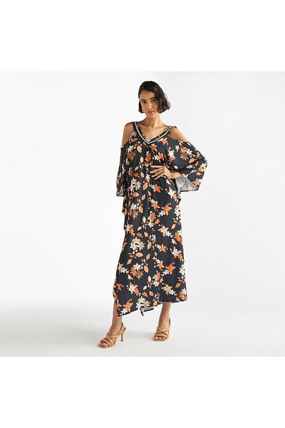 FAV Floral Print V-neck Maxi Dress with Cold Shoulder Sleeves