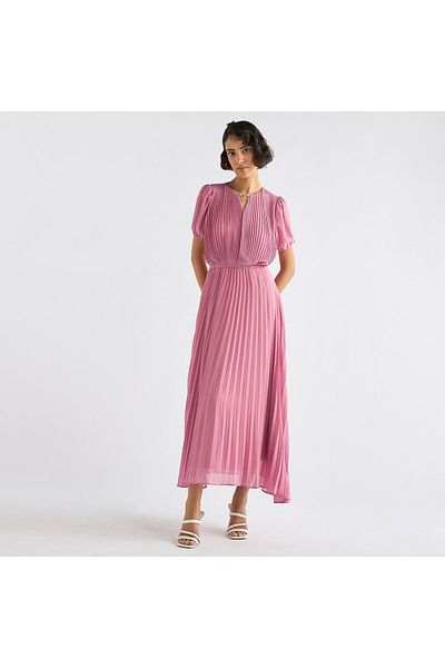 FAV Pleated Keyhole Neck Dress with Puff Sleeves