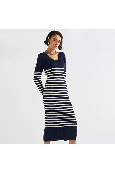 FAV Striped V-neck Dress with Long Sleeves