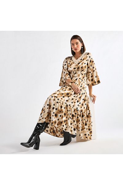 FAV Printed Midi Dress with Lace Detail and 3/4 Sleeves