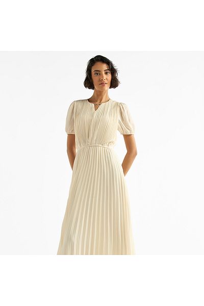 FAV Pleated Keyhole Neck Dress with Puff Sleeves