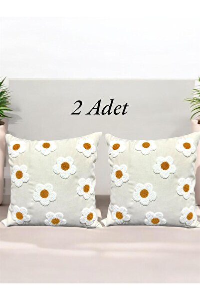 HD HOME COLLECTİON (2 Adet) Papatya Desen Keten Kumaş Punch Kırlent Kılıf (Pa...