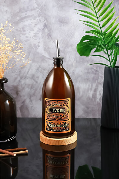 TheBRo 1Lt Amber Renkli Ahşap Stantlı Vintage Desenli Cam Tekli Zeytinyağı Şi...