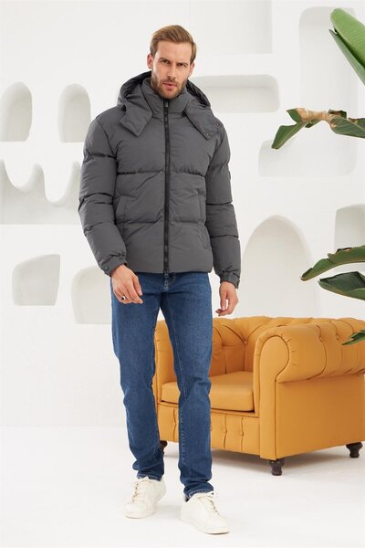 Danger Erkek Su Geçirmez Çıkarılabilir Kapüşonlu Şişme Mont Antrasit