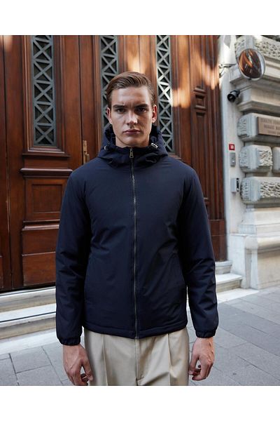 Danger Ανδρικό παλτό Basic αδιάβροχο με κουκούλα Navy Blue