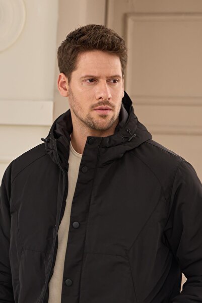 Danger Μαύρο ανδρικό αδιάβροχο παλτό με κουκούλα