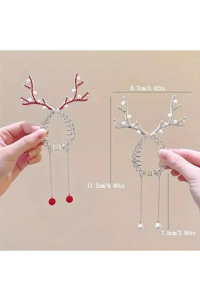 Takıtolia Elegant Christmas Deer Antler Pearl and Crystal Detailed Buckle