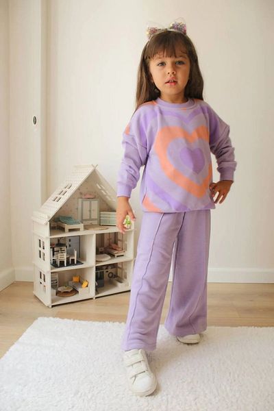 SZR Kids Heart Printed Girl's Cotton Sweatshirt and Spanish Set - Wide Leg