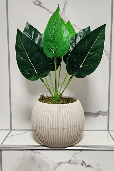 ALSHOP Large Size Flower Pot Included Artificial Sword Leaf Table Flower Arrangement with Stone Moss V5 Beige