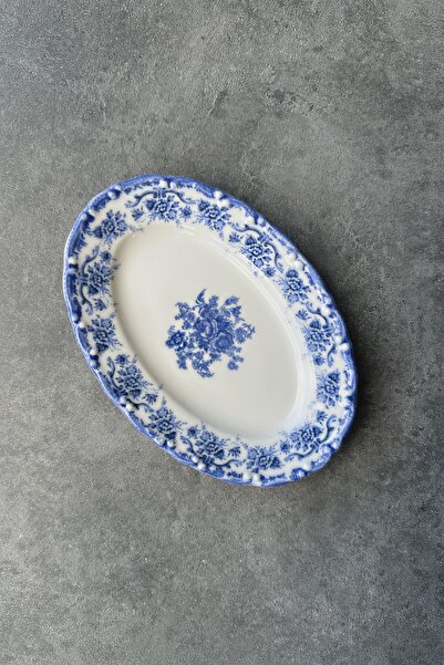 porselenden Antique Baby Blue 2li 30 Cm Premium Porselen Büyük Boy Kayık Sunum Servis Seti Mavi