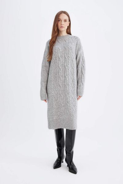 DeFacto Μαλλιά πλεξούδα στάμπα Crew Neck Midi Πλεκτό Φόρεμα - Κανονική Εφαρμογή, Μακρύ μανίκι Y2073az24wn