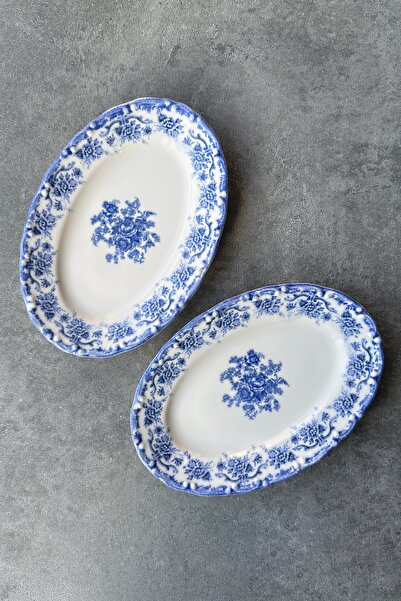 porselenden Antique Baby Blue 2li 30 Cm Premium Porselen Büyük Boy Kayık Sunum Servis Seti Mavi