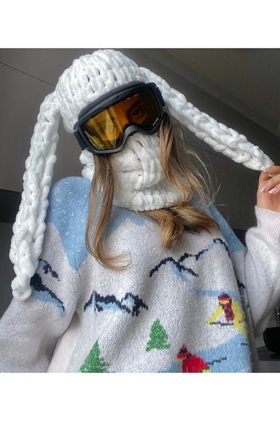 AidaAstrid Winter Puffy Beanie Hat - Hand Knitted Balaclava