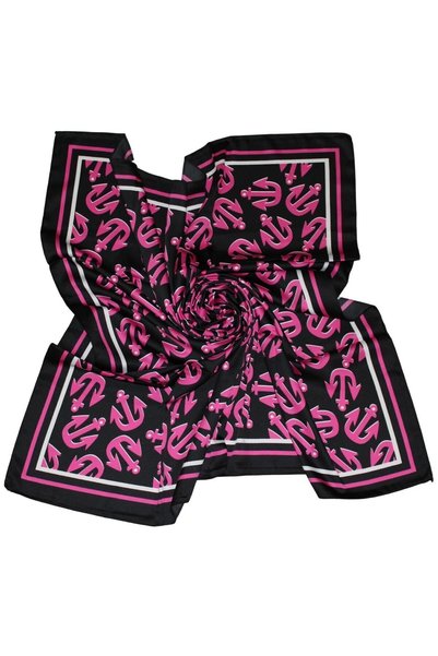 TikiTonki Satin Black Scarf with Pink Anchor Figure - Square Cut |   90X90
