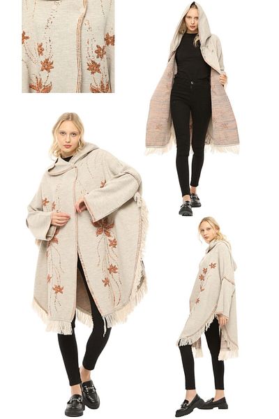 marufshop Women's Large Size Tassel Detailed Hooded Winter Thick Daisy Patterned Poncho