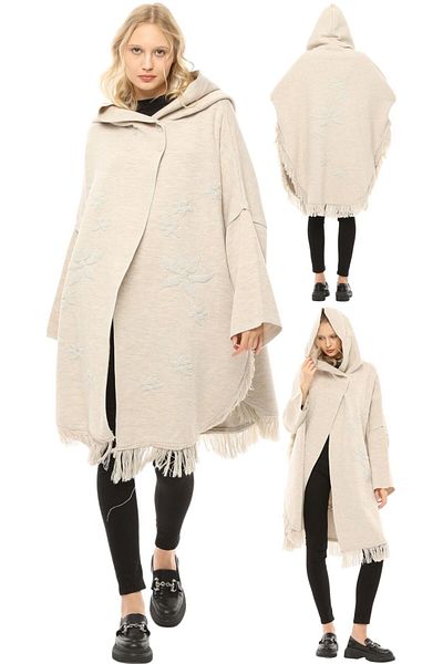 marufshop Women's Large Size Tassel Detailed Hooded Winter Thick Daisy Patterned Poncho