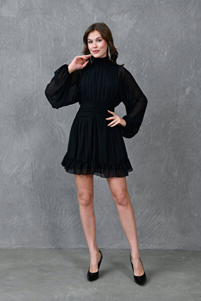 bayansepeti Astarlı Şifon Kumaş Sırt Dekolteli Uzun Balon Kollu Siyah Abiye Elbise 066